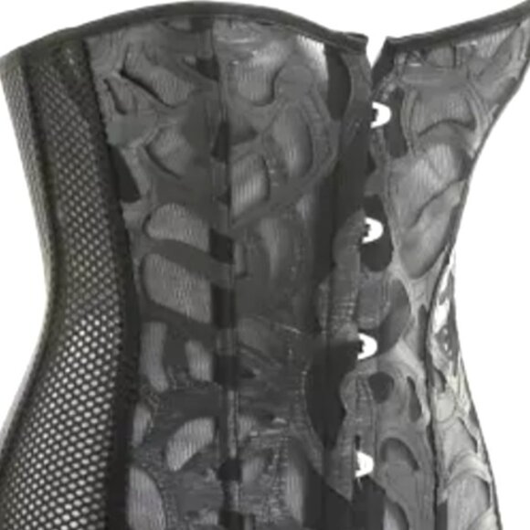 Mesh Corset Top With Leather Look Floral Applique, Black L NEW - Picture 2 of 9